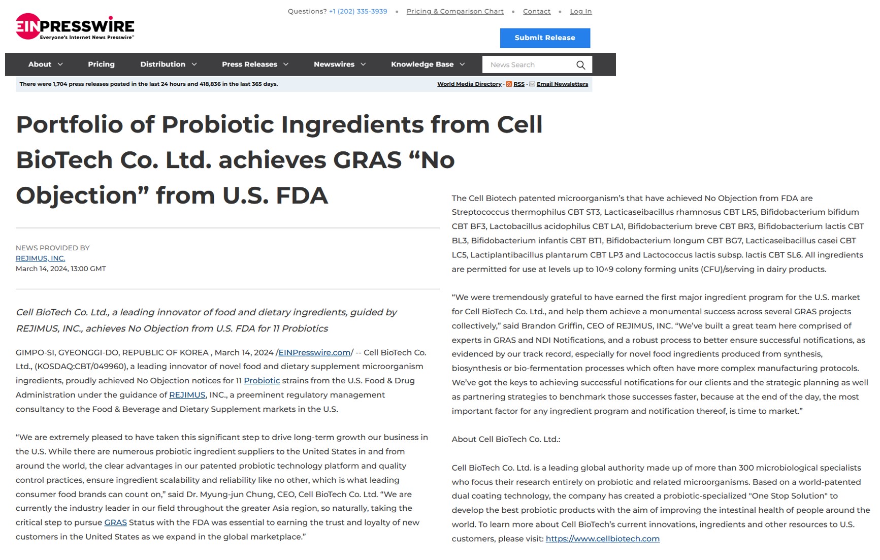 Portfolio of Probiotic Ingredients from Cell BioTech Co. Ltd. achieves GRAS “No Objection” from U.S. FDA
